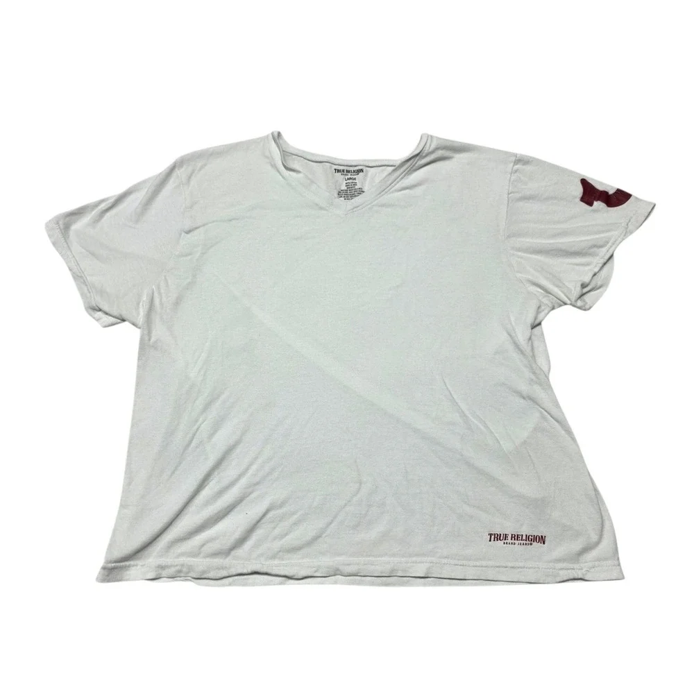 True Religion‎ V Neck T Shirt White Large Buddha Logo Graphic Tee READ
